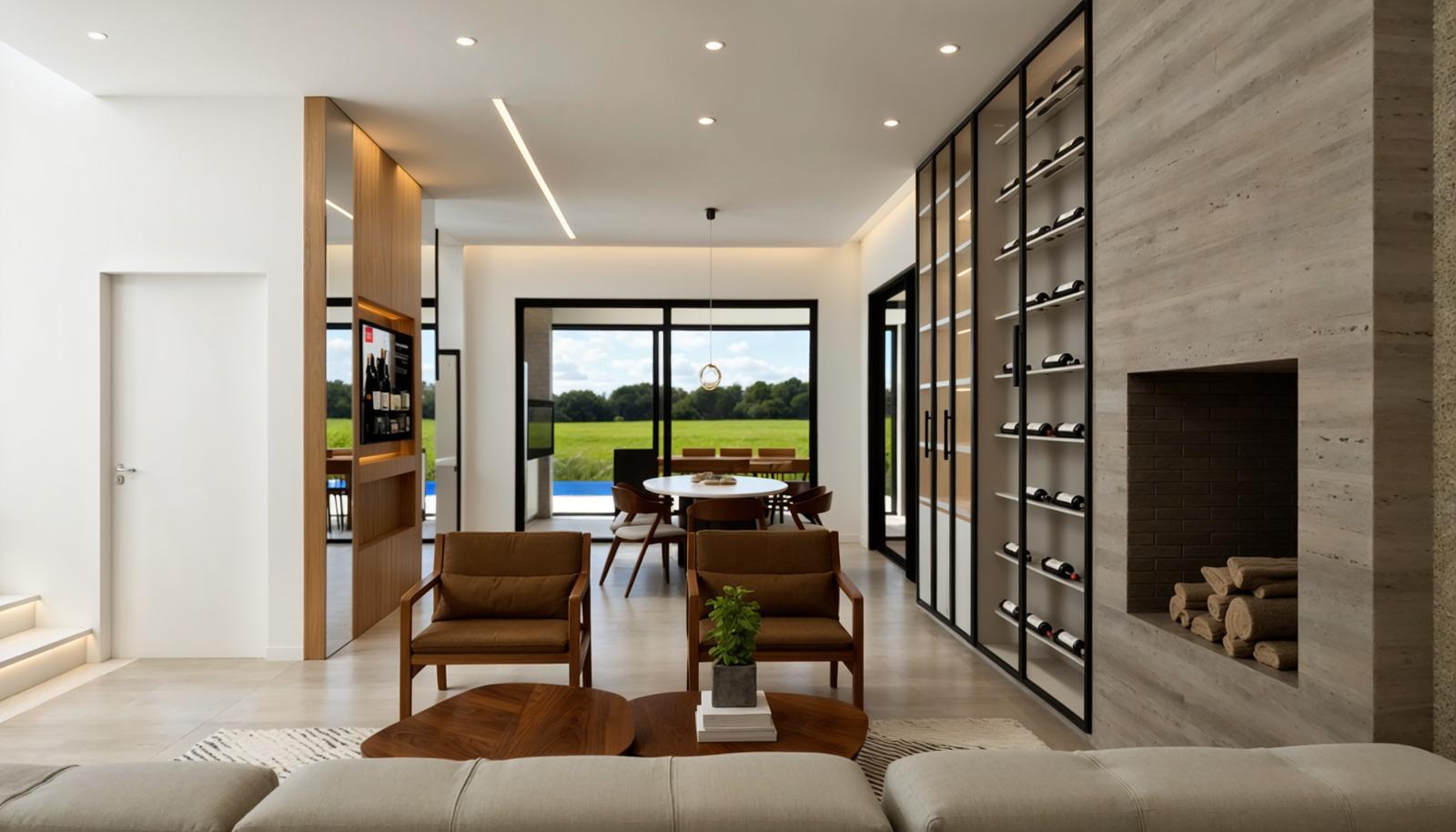 Sala de estar de alto padrão com adega e lareira