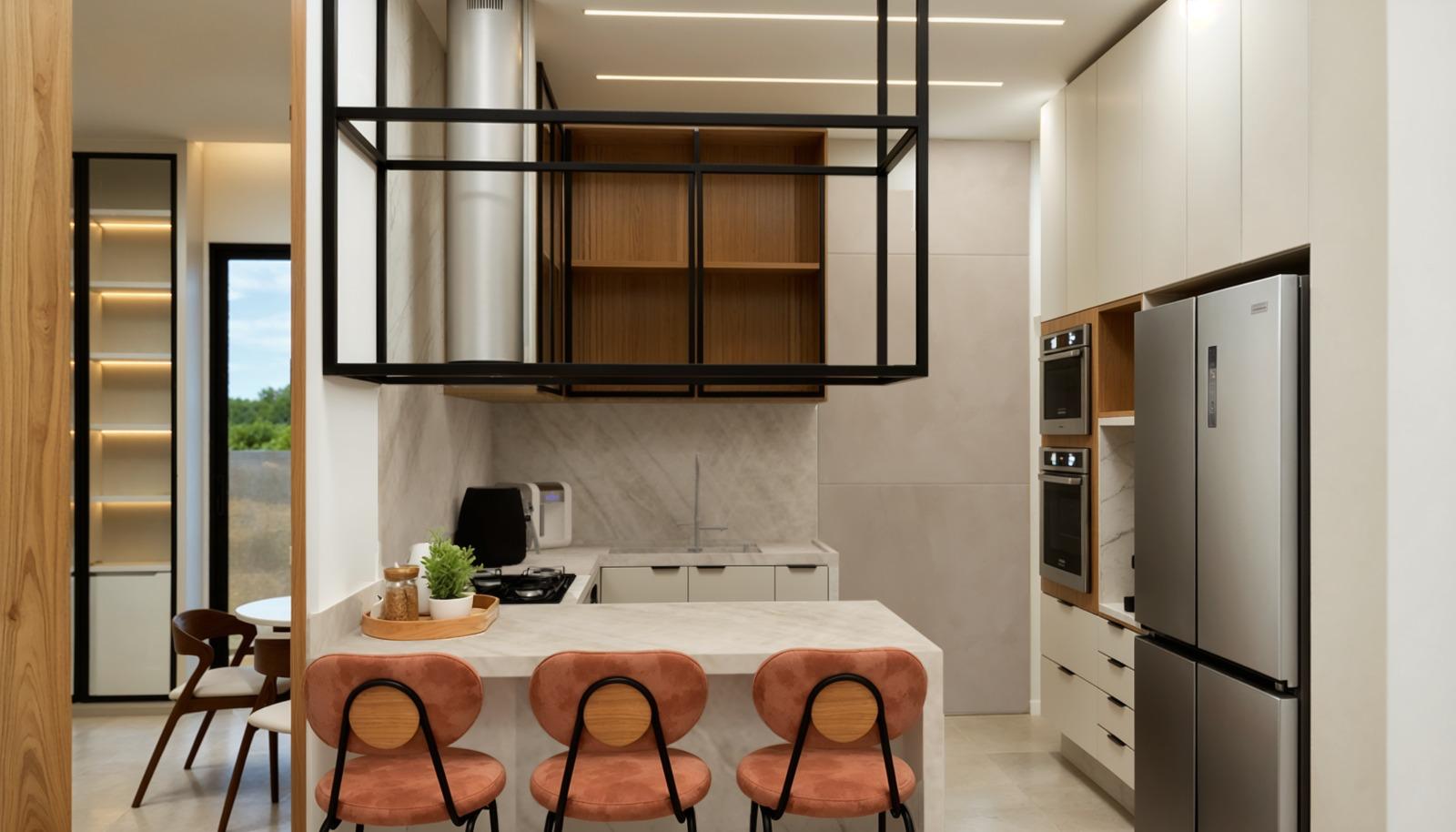 Cozinha gourmet com ilha central e banquetas