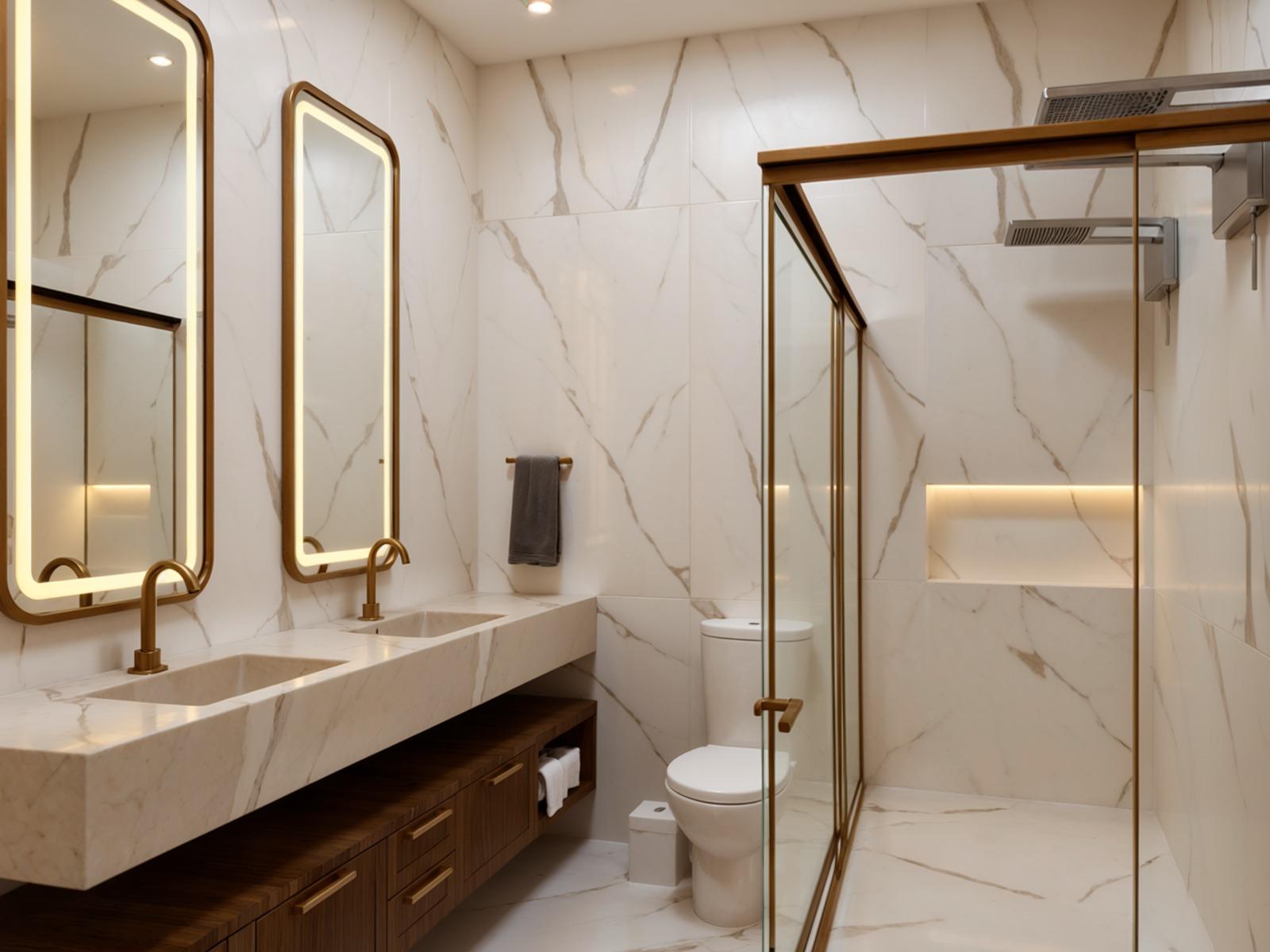 Banheiro de luxo com metais dourados e banheira de imersão