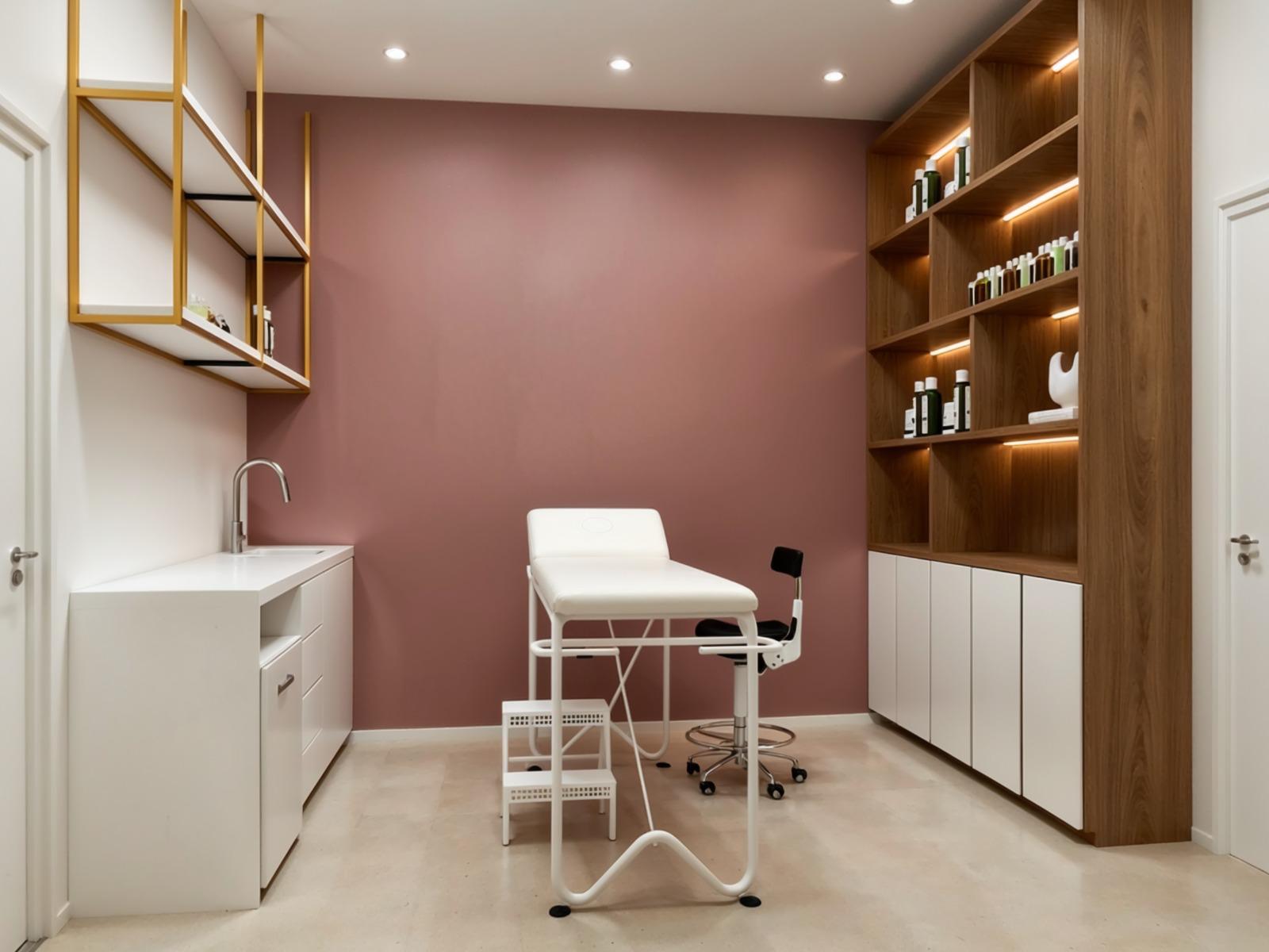 Sala de estética com decoração rosa e madeira