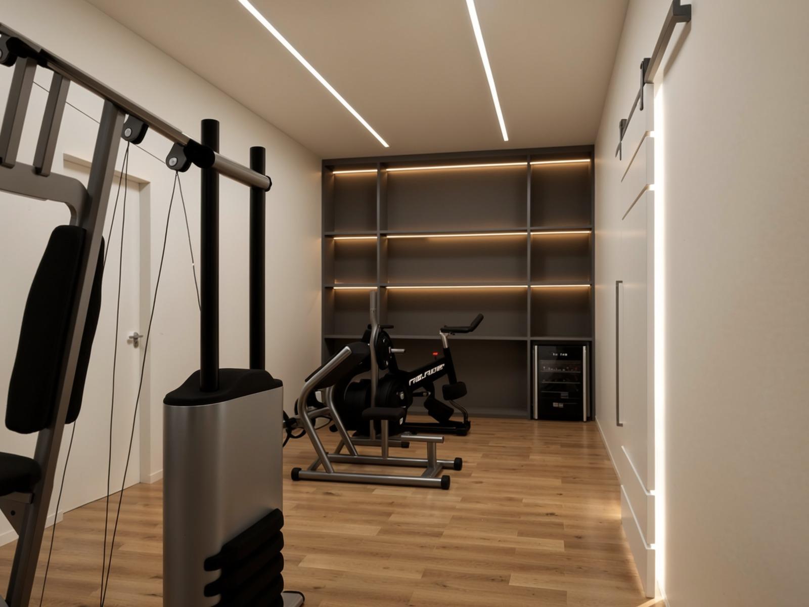Academia residencial com equipamentos e iluminação planejada